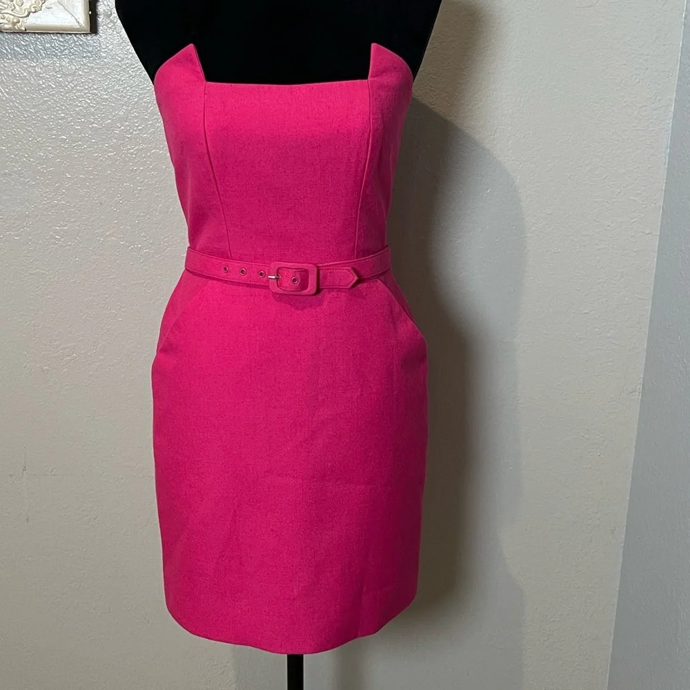 Victor Costa Vibrant Pink Strapless Sheath Dress with Belt - Picture 4 of 12